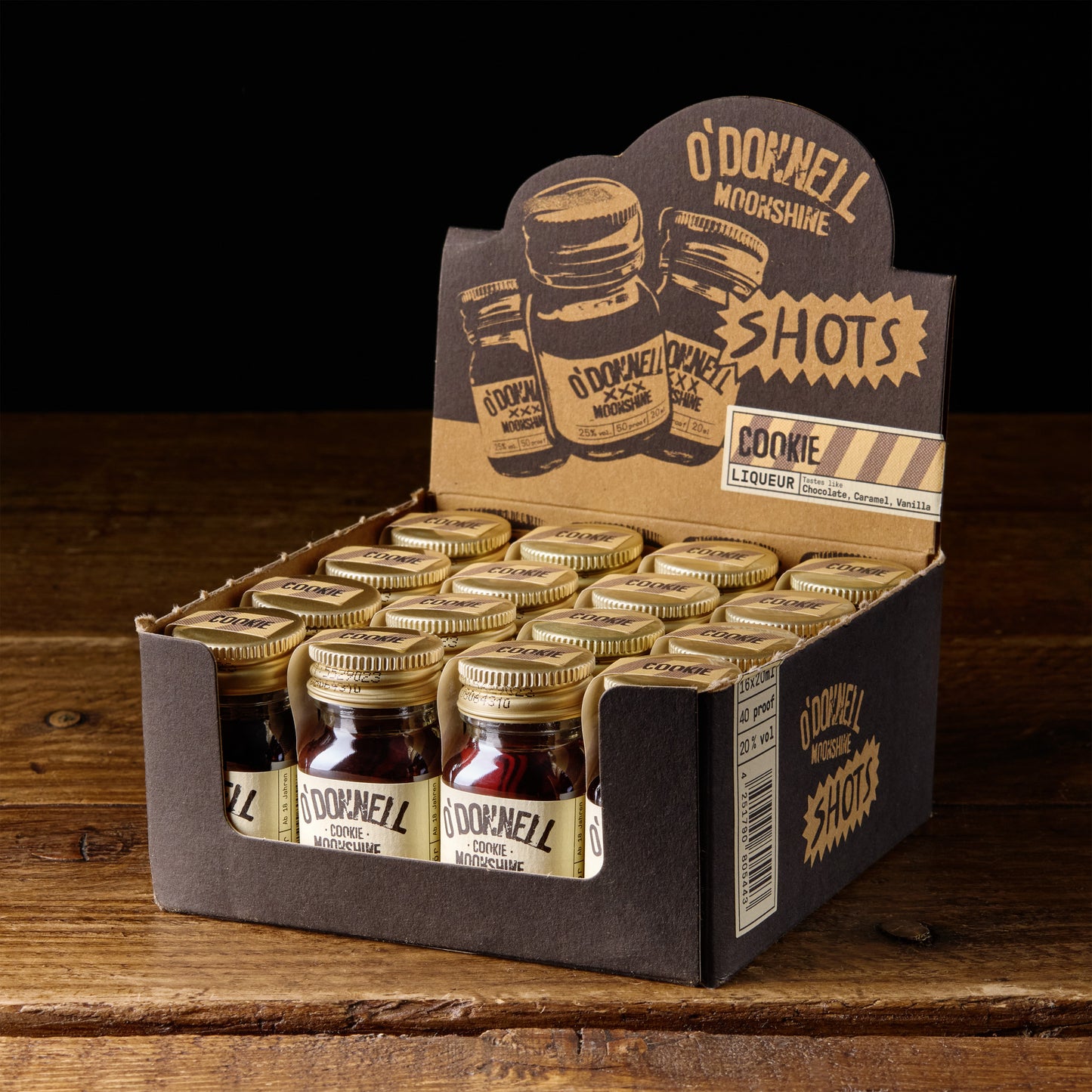 A box of O'Donnell Micro Moonshine shots displayed on a wooden surface - flavour cookie