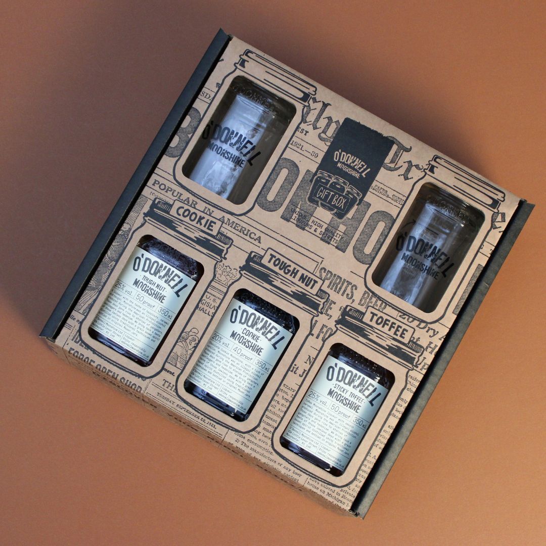 O'Donnell Moonshine 3 x 350ml in Cookie, Sticky Toffee and Tough Nut, gift set with Pouring Lid and 2 branded long drink glasses