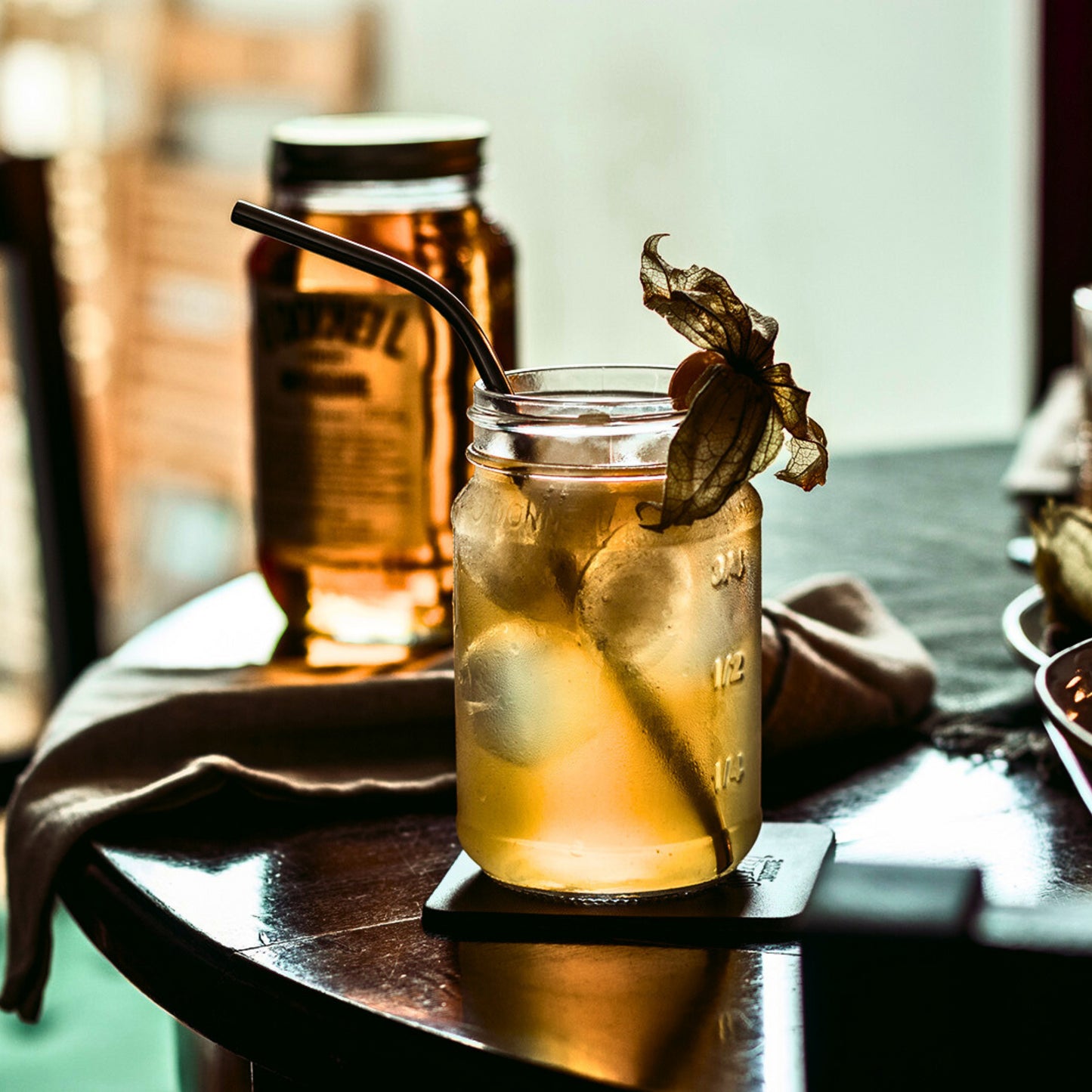 Sticky Toffee Moonshine cocktail in the sun
