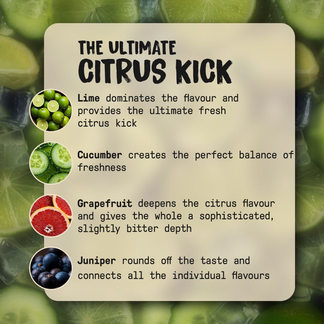 O'Donnell Lime flavour profile. The ultimate citrus kick, Lime, Cucumber, Grapefruit and Juniper