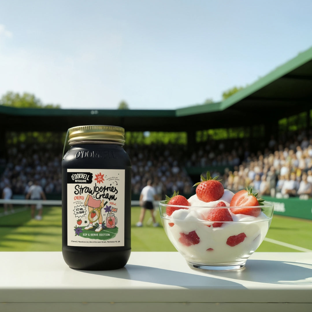 Jar of strawberry cream sip and serve on a table with pink tennis balls and a bowl of strawberries & cream in front of a tennis court.