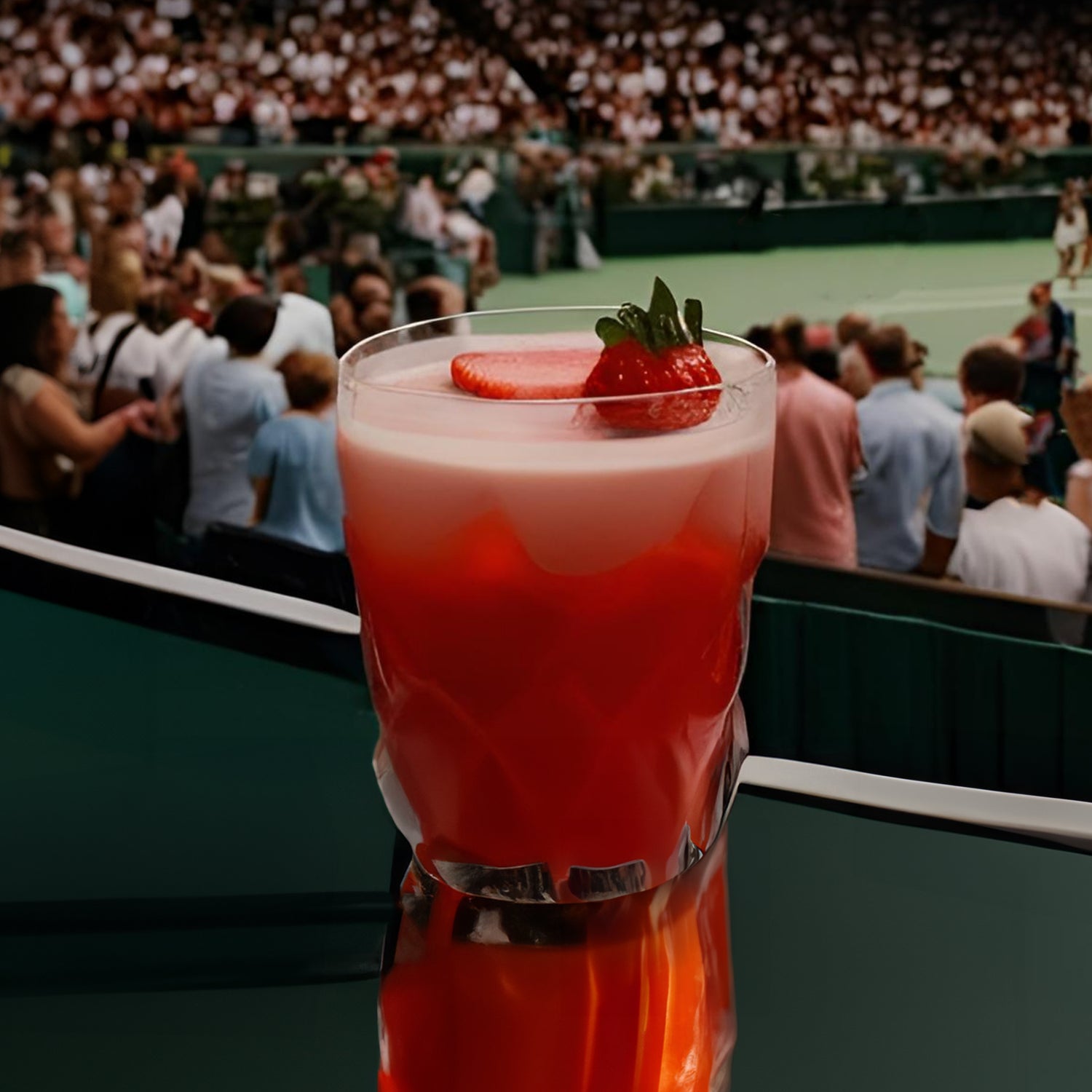 Strawberry cocktail with a strawberry, in front of a crowd at a tennis match