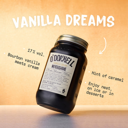 Vanilla Cream Moonshine 700ml Jar on a cream background with the text: Vanilla Dreams, 17% vol, Bourbon vanilla meets cream, hint of caramel, enjoy neat, on ice or in a desserts