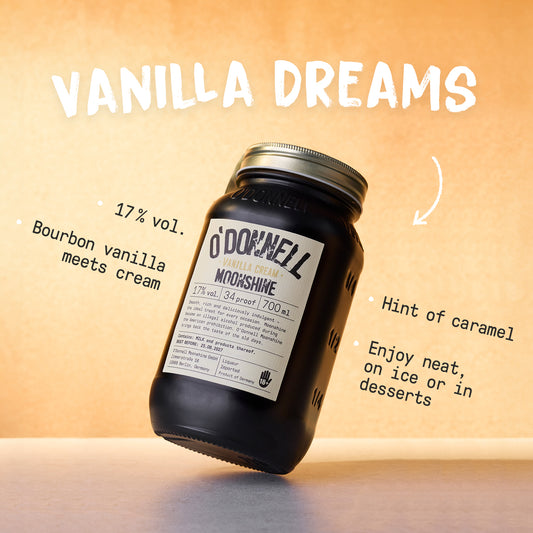Vanilla Cream Moonshine 700ml Jar on a cream background with the text: Vanilla Dreams, 17% vol, Bourbon vanilla meets cream, hint of caramel, enjoy neat, on ice or in a desserts