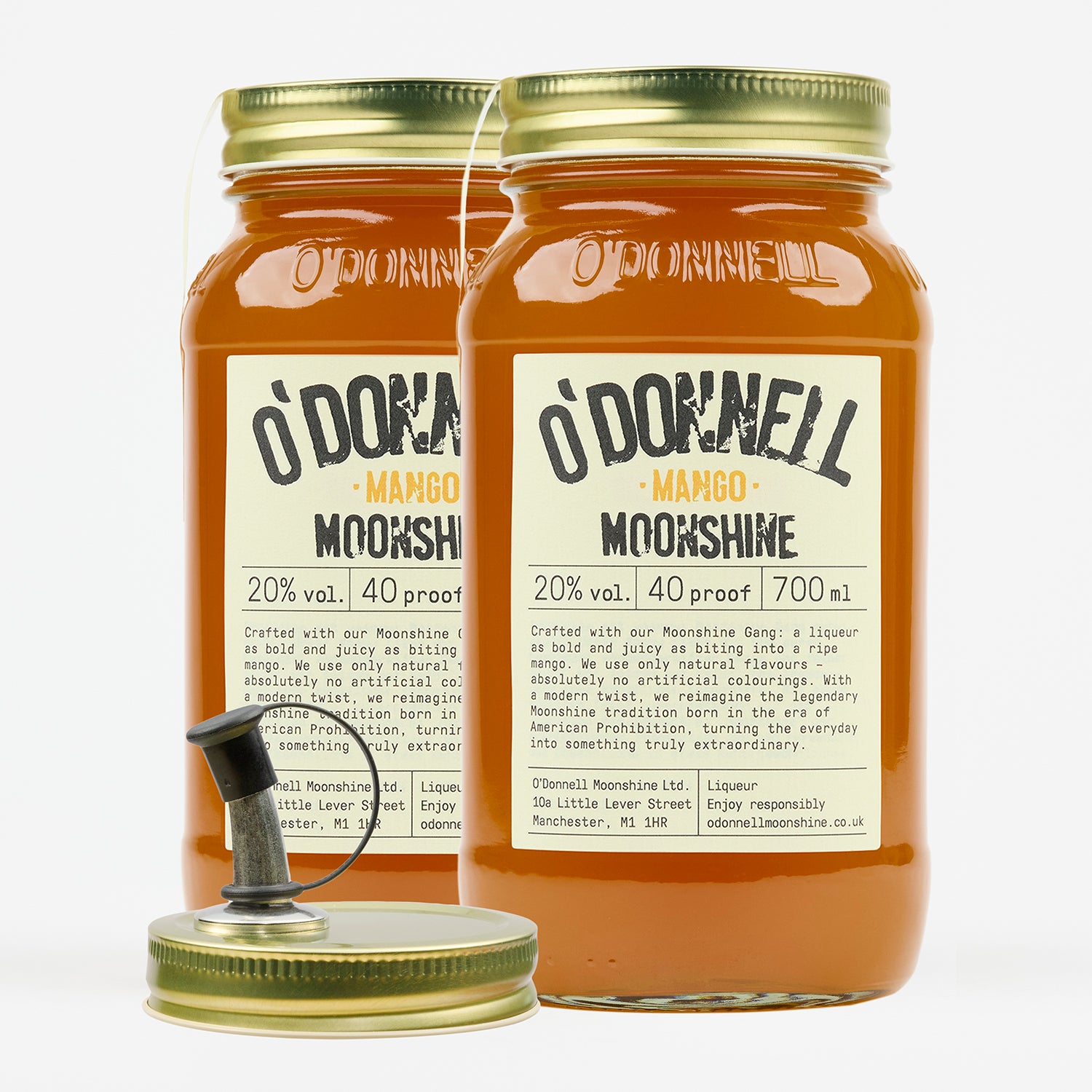 2x Mango Liqueurs Jars overlapping with a pouring lid in front, on a white background