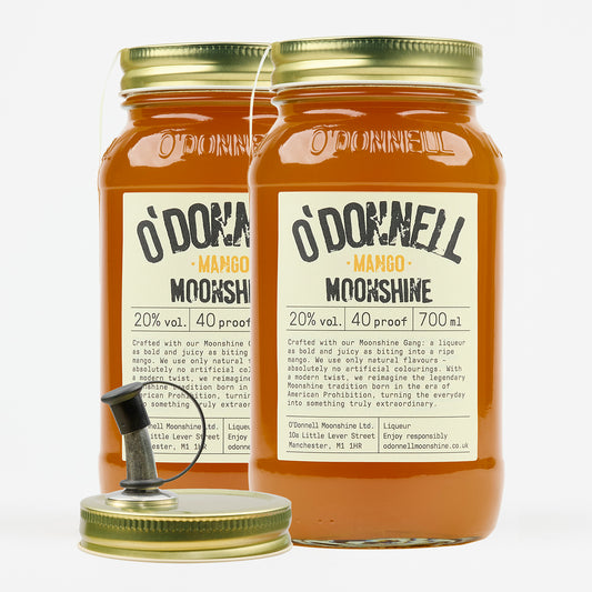 2x Mango Liqueurs Jars overlapping with a pouring lid in front, on a white background