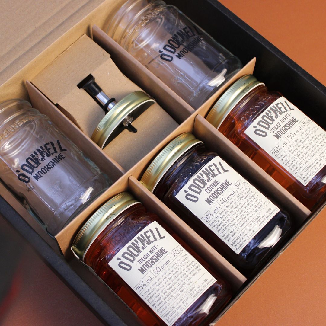 O'Donnell Moonshine 3 x 350ml in Cookie, Sticky Toffee and Tough Nut, gift set with Pouring Lid and 2 branded long drink glasses