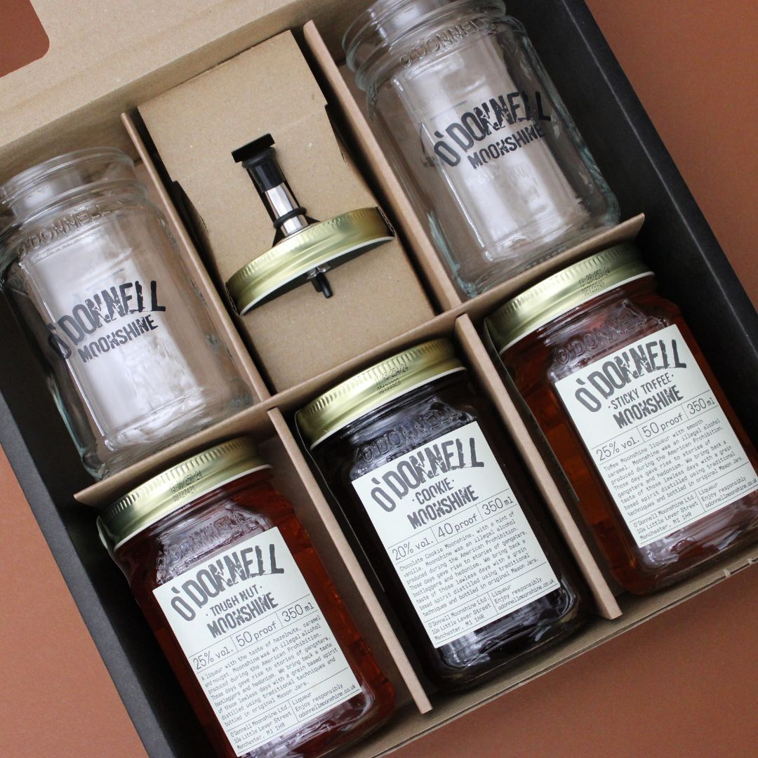 O'Donnell Moonshine 3 x 350ml in Cookie, Sticky Toffee and Tough Nut, gift set with Pouring Lid and 2 branded long drink glasses