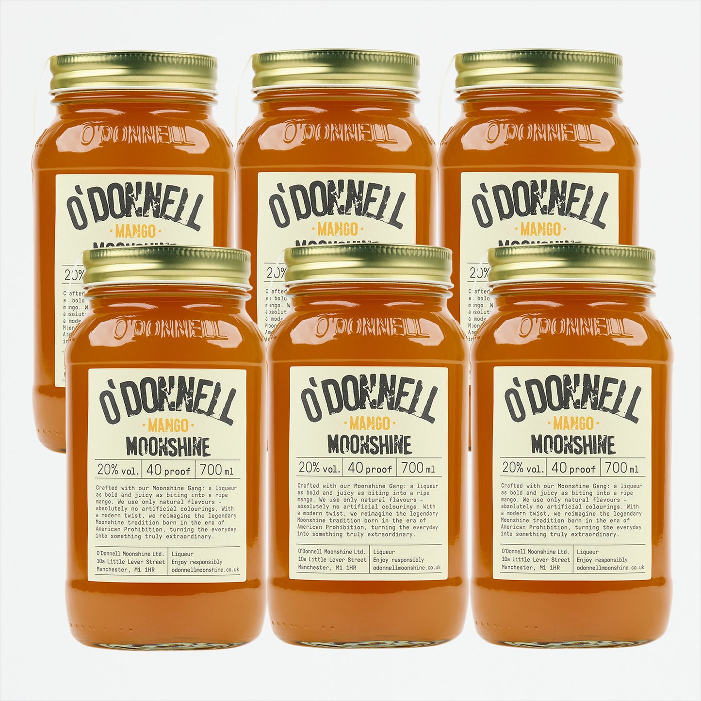 6x Mango Liqueurs Jars overlapping with on a white background