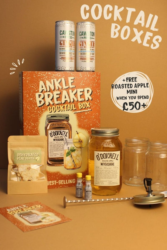 Cocktail Boxes, Free roasted apple when you spend £50+. Cocktail box ankle breaker shown on an orange background