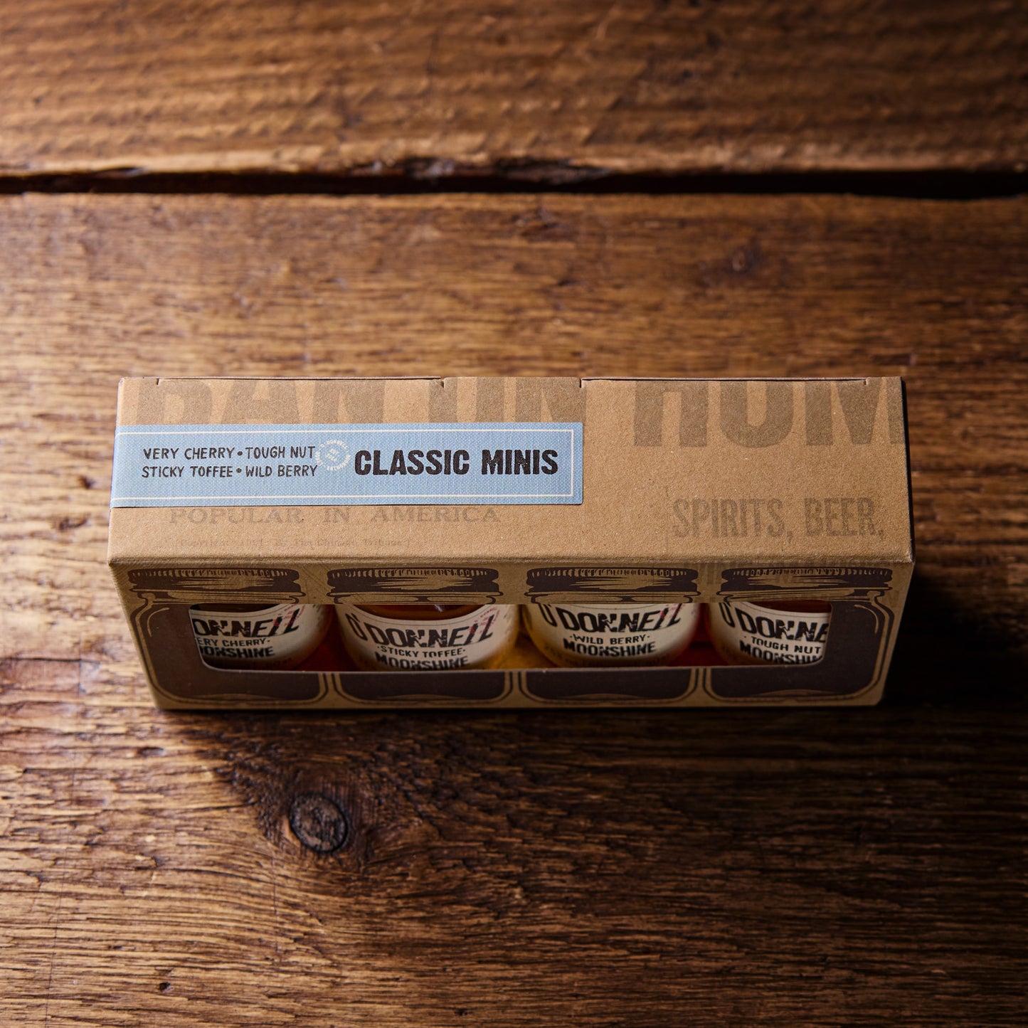 O'Donnell Moonshine Classic Minis collection. 4 x 50ml minis in Tough Nut, Sticky Toffee, Wild Berry and Very Cherry flavours. 