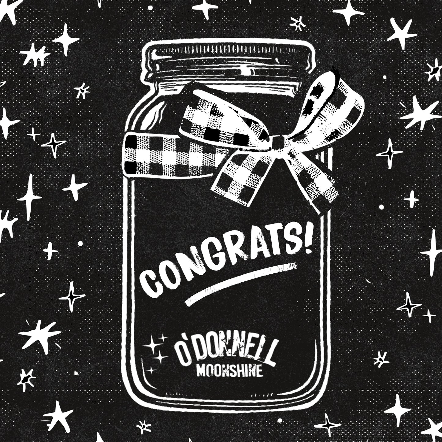 An animated O'Donnell Moonshine jar with Christmas decoration in black and white with "Congrats!" written on the jar.