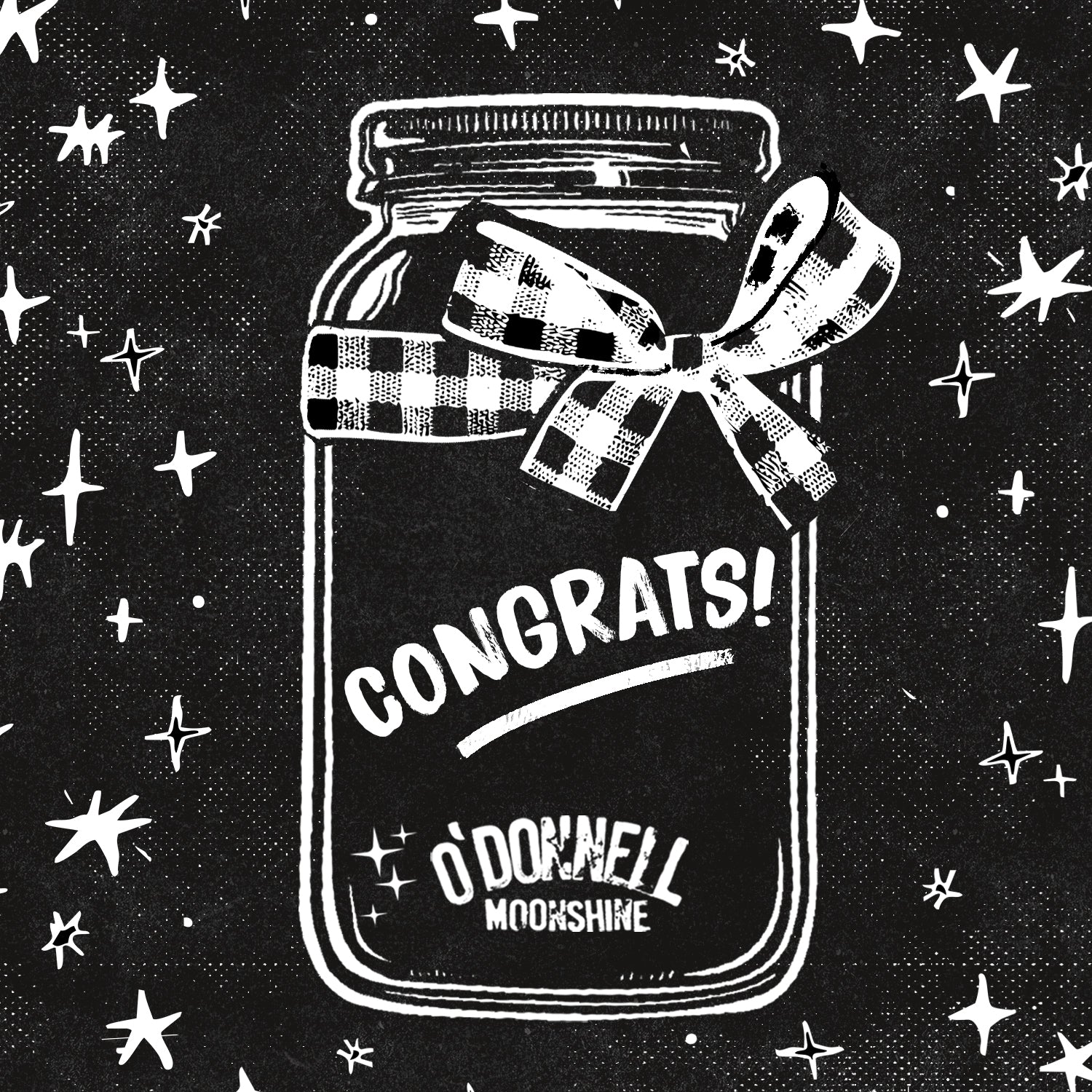 An animated O'Donnell Moonshine jar with Christmas decoration in black and white with "Congrats!" written on the jar.