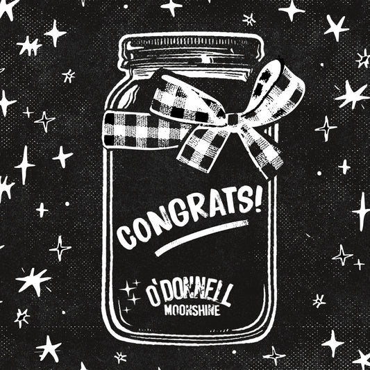 An animated O'Donnell Moonshine jar with Christmas decoration in black and white with "Congrats!" written on the jar.