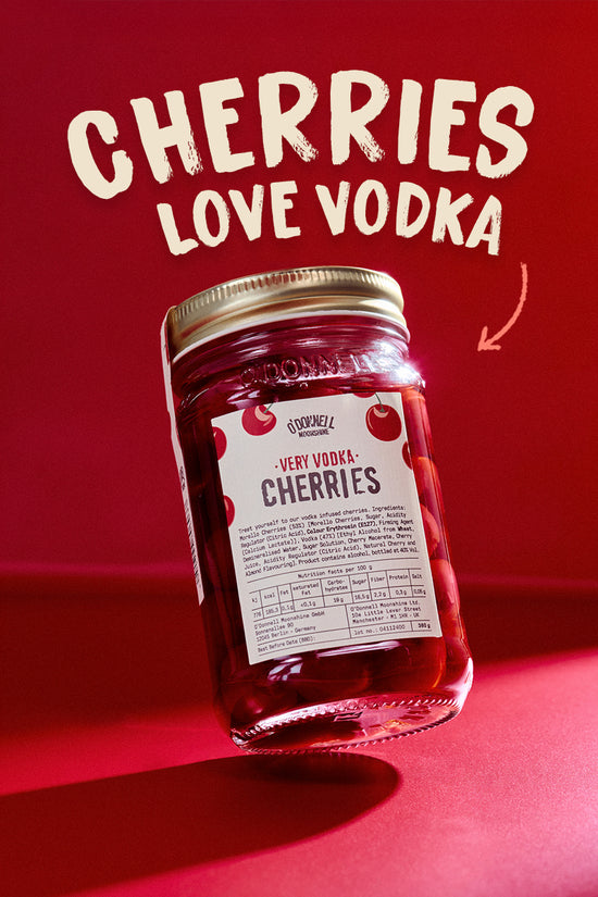 Jar of cherries with 'Cherries Love Vodka' text on a red background