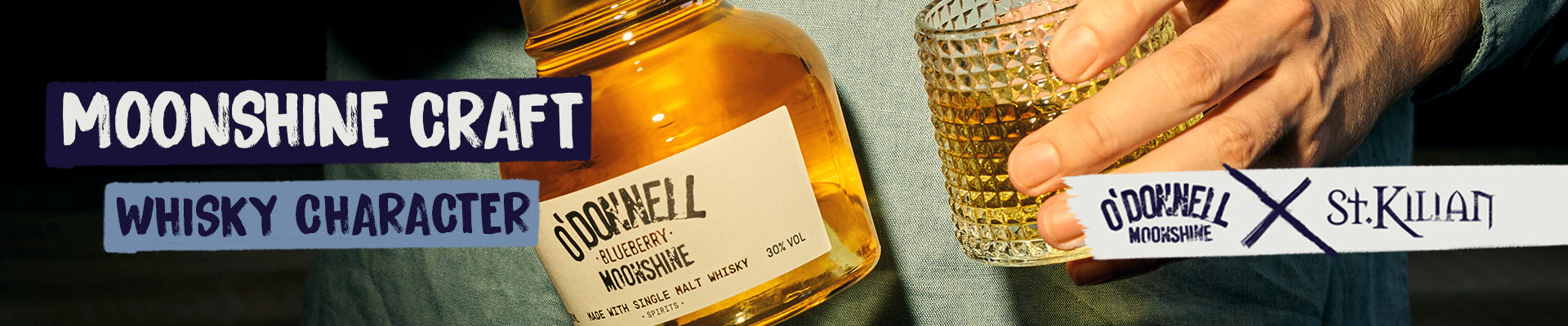 person holding blueberry moonshine whisky bottle and tumbler. with the text moonshine craft whisky character 