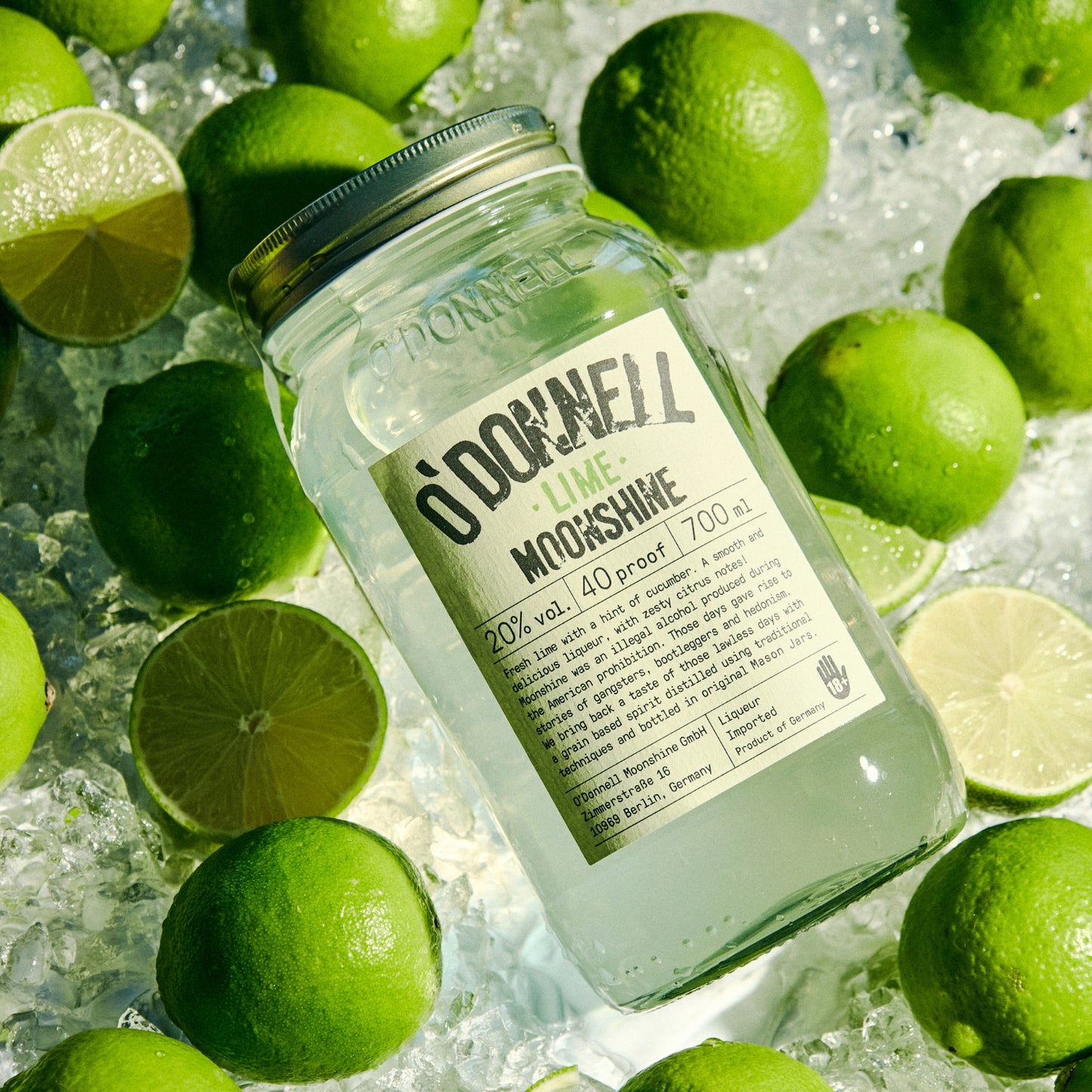 O'Donnell Lime Moonshine jar surrounded by limes on ice