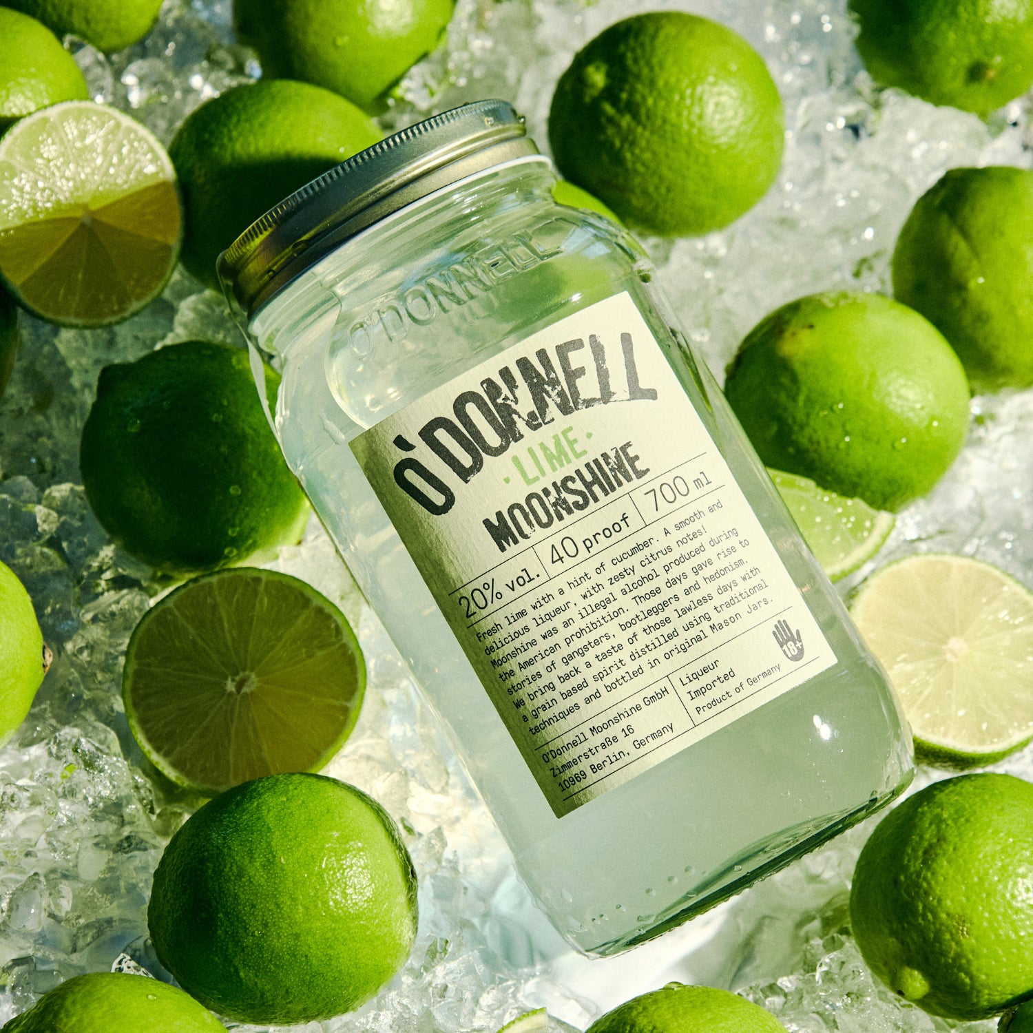O'Donnell Lime Moonshine jar surrounded by limes on ice