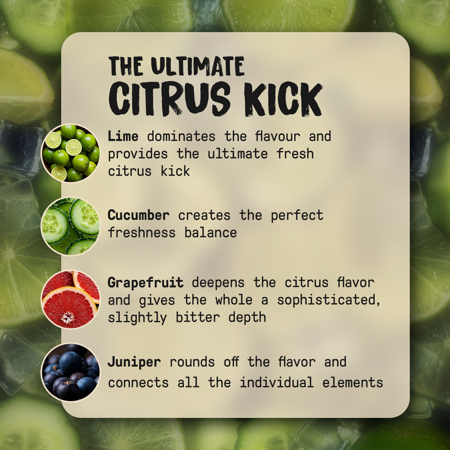 The Flavour profile of the Lime Moonshine. Lime, Cucumber, Grapefruit & Juniper