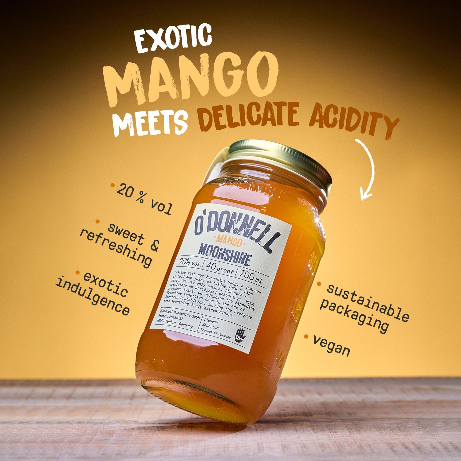 A O'Donnell Moonshine jar labeled “Mango Liquor” with USPs written around it and a header.