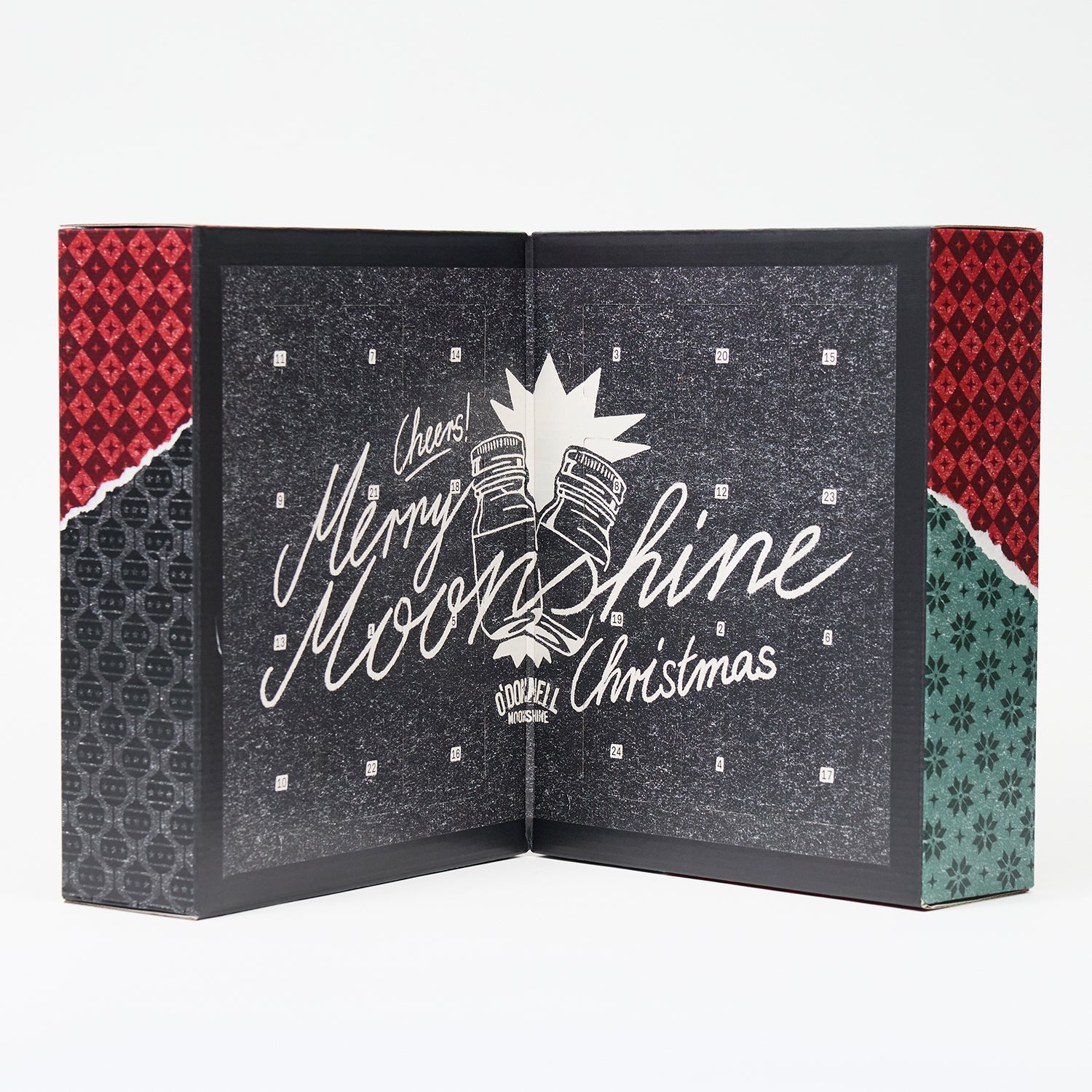 Micro Advent Calendar 2025 on a white background. Open to show text ' Cheers, Merry Moonshine Christmas' with a ripped wrapping paper pattern on the outside