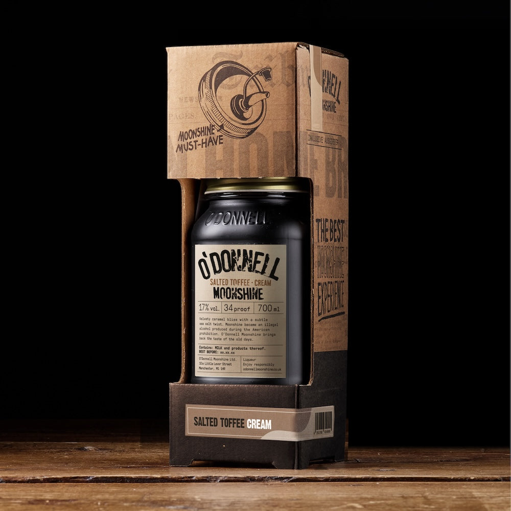 O'Donnell Moonshine Salted Toffee Cream 700ml jar with Pouring Lid. Great as a starter pack or gift.