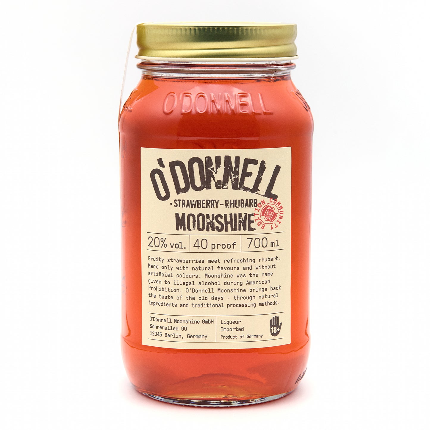 O'Donnell Strawberry Rhubarb Moonshine 700ml Jar on a white background