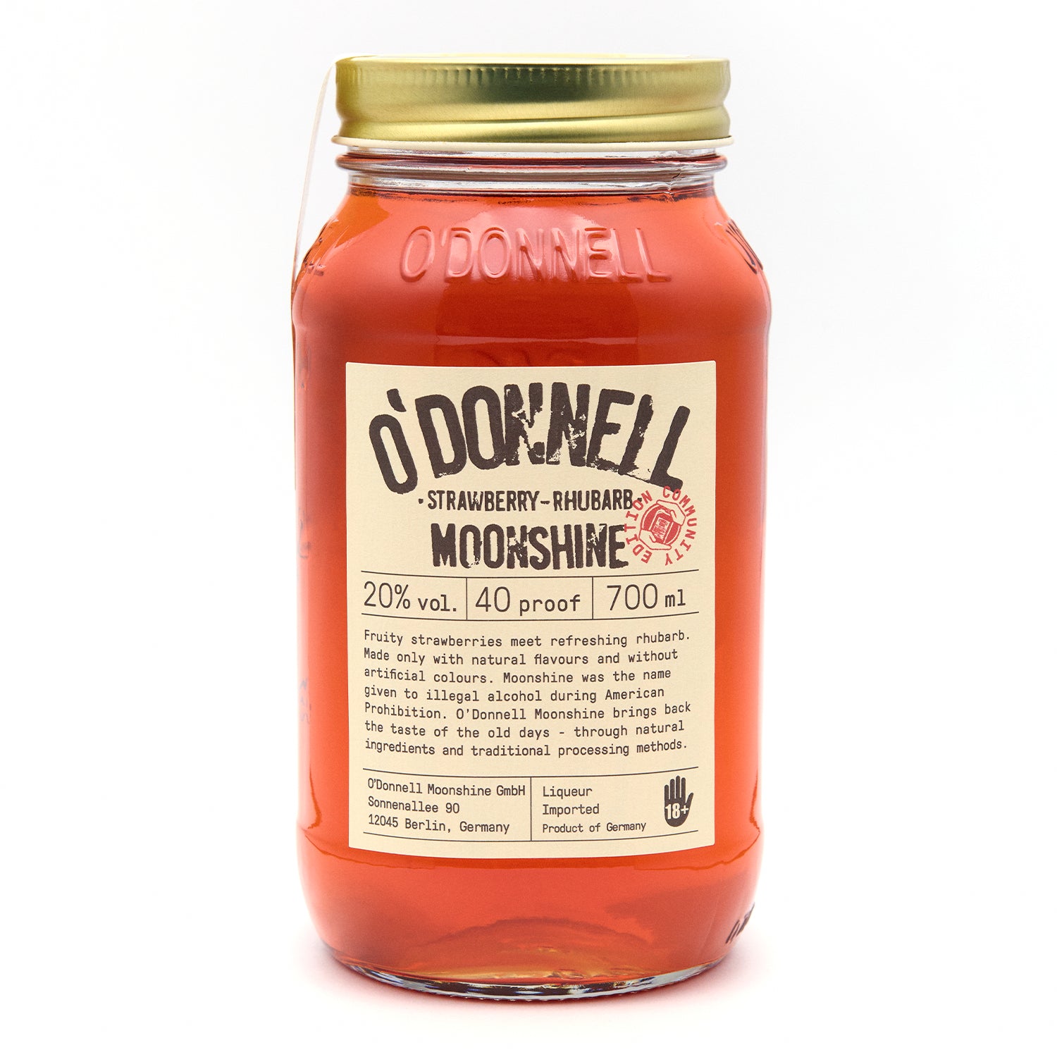 O'Donnell Strawberry Rhubarb Moonshine 700ml Jar on a white background