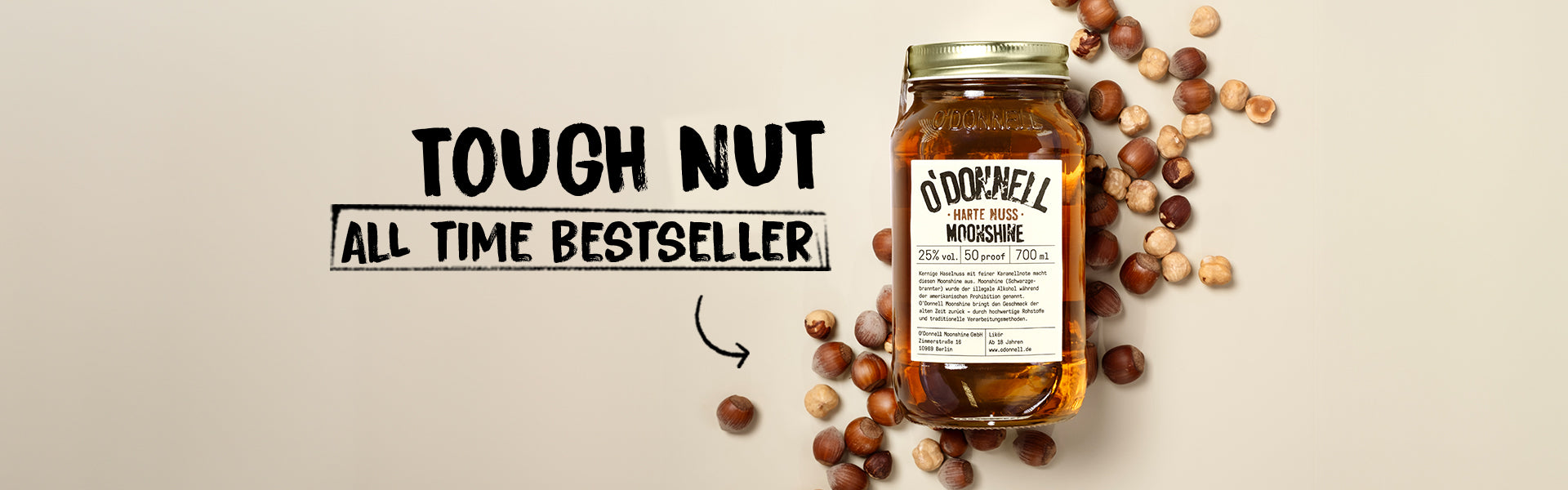 Tough Nut Moonshine on a cream background with the text Tough Nut All time Best seller
