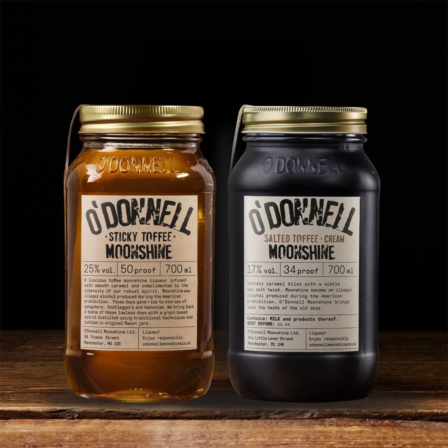 Sticky Toffee Moonshine and Salted Toffee Cream Moonshine bundle. 2 x 700ml Moonshine jars.