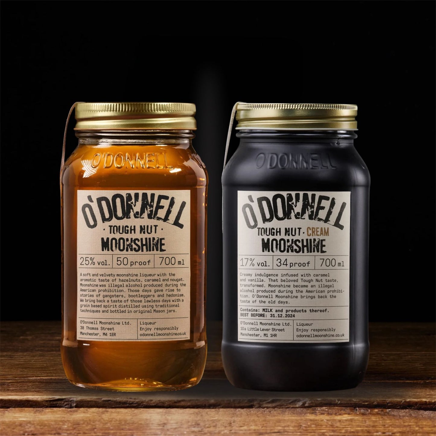 O'Donnell Moonshine Tough Nut Bundle. 2 700ml jars of our famous Moonshine in our bestselling Tough Nut flavour and its cream liqueur counterpart 