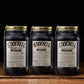 Three jars of O'Donnell Moonshine cream liqueur varieties. Tough Nut Cream, Vanilla Cream, Salted Toffee Cream 700ml jars. 