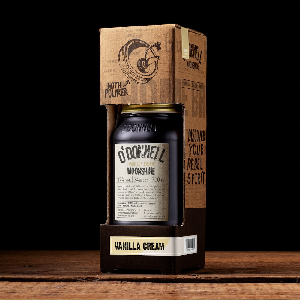 O'Donnell Moonshine Vanilla Cream 700ml Gift Set with Pouring Lid. Great as a gift or for first time moonshiners