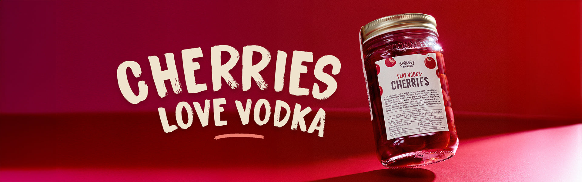 Very Vodka Cherries on a Red background with the text Cherries love vodka