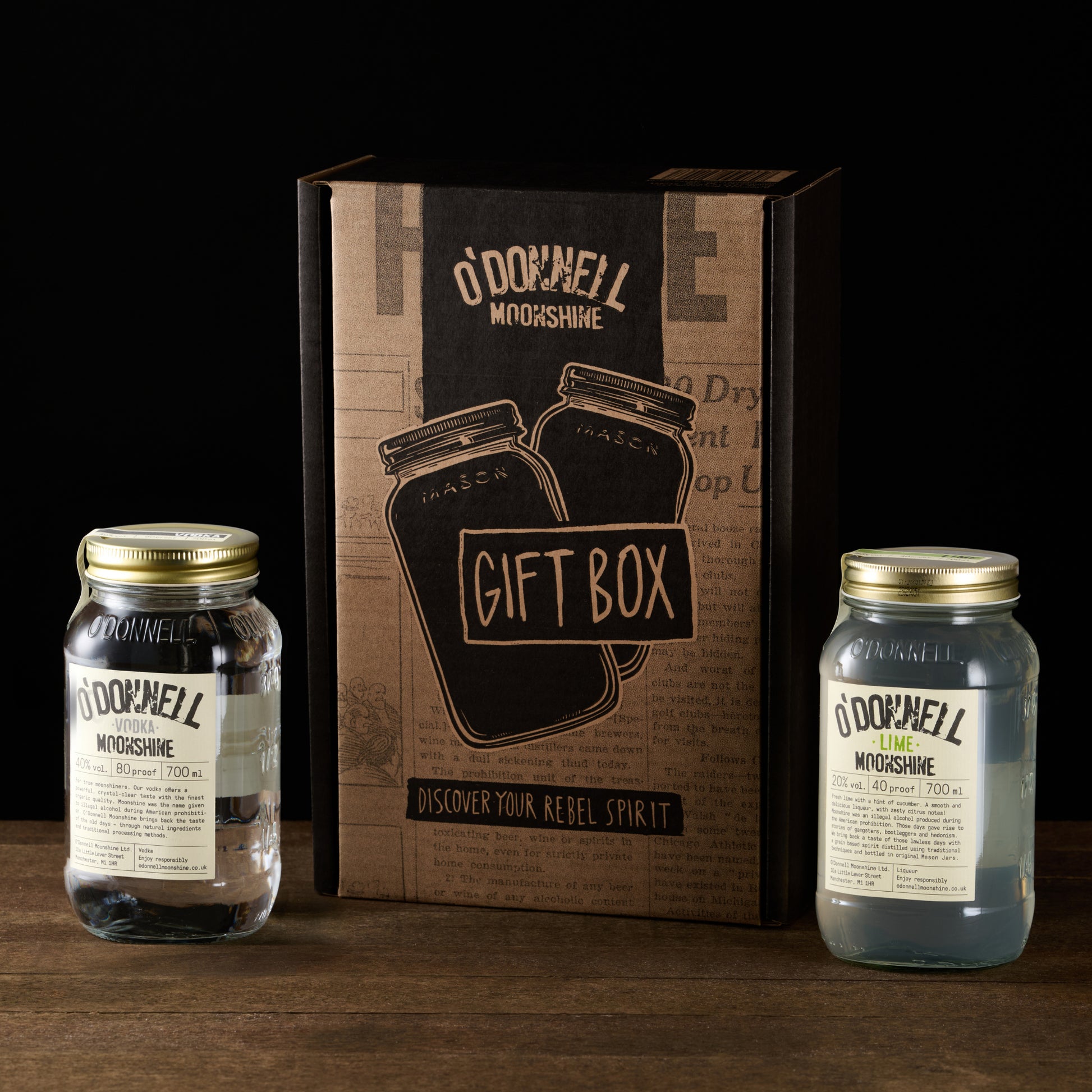 Base Cocktail box, vodka and lime moonshine with 2 shot glasses and a pouring lid