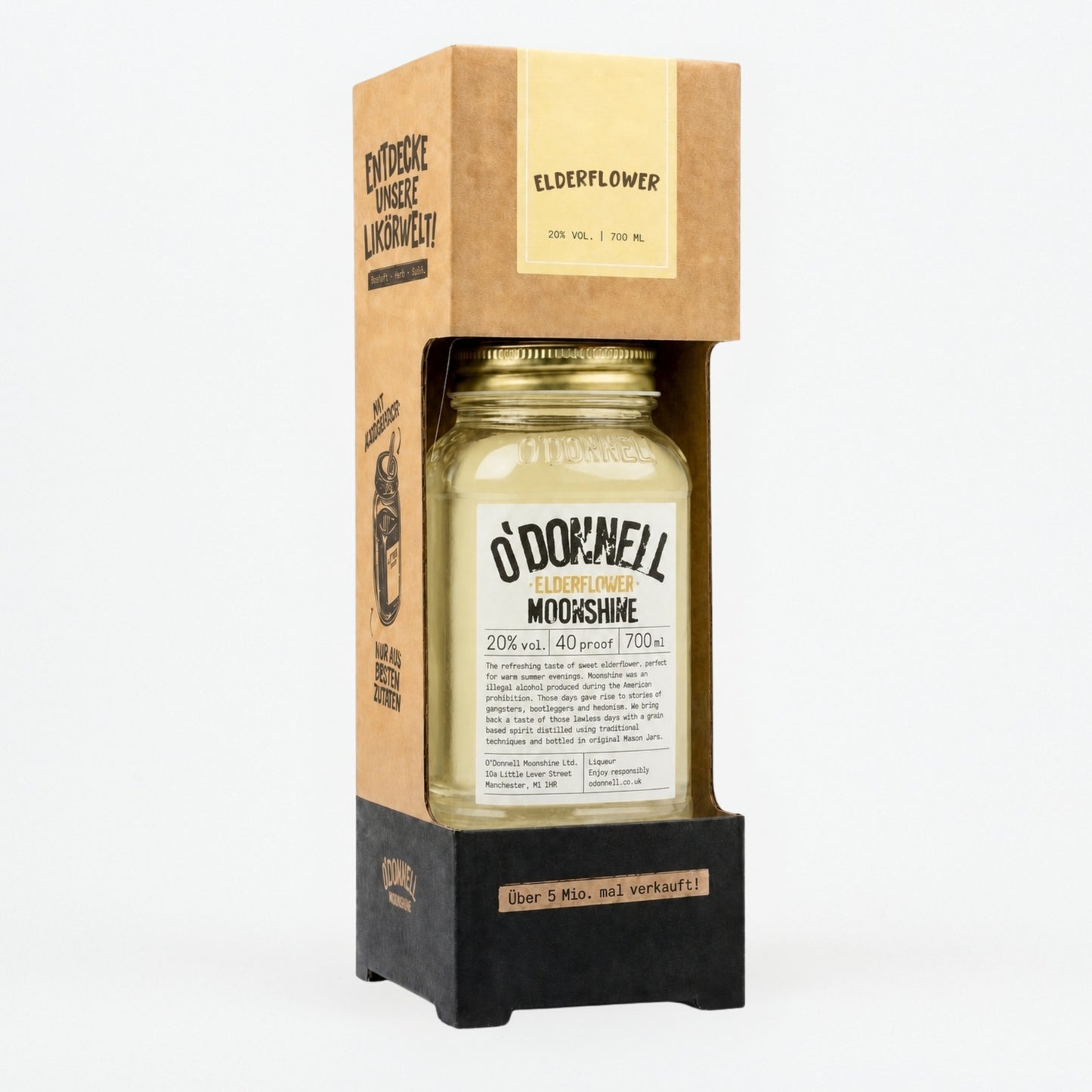 The product image of the O'Donnell Moonshine 700ml Elderflower Mason jar, 20% vol.