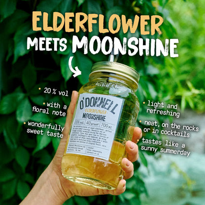 O'Donnell Moonshine banner for elderflower liqueur, featuring a bottle against a background of green leaves and highlighting the product’s benefits.