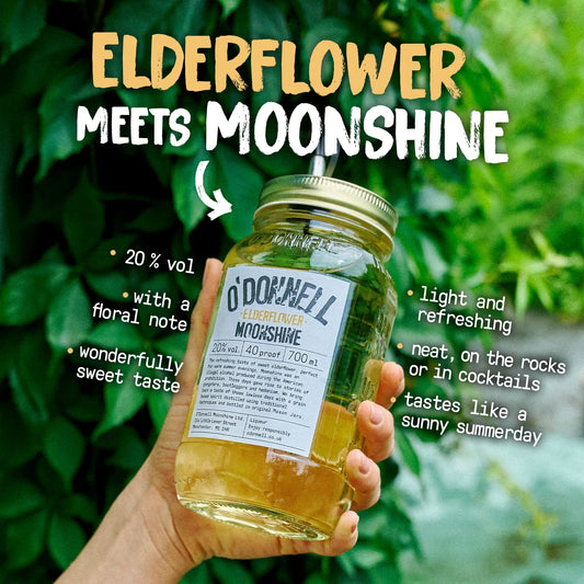 O'Donnell Moonshine banner for elderflower liqueur, featuring a bottle against a background of green leaves and highlighting the product’s benefits.