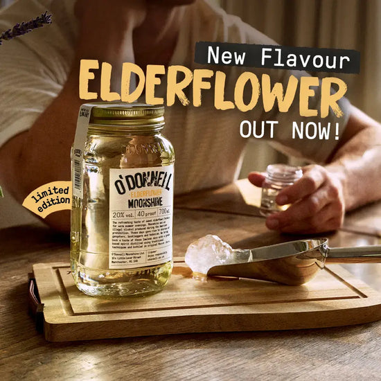 O'Donnell Moonshine Mobile banner for the new elderflower flavour, featuring a 700ml Mason jar and an ice scoop on a branded wooden board.