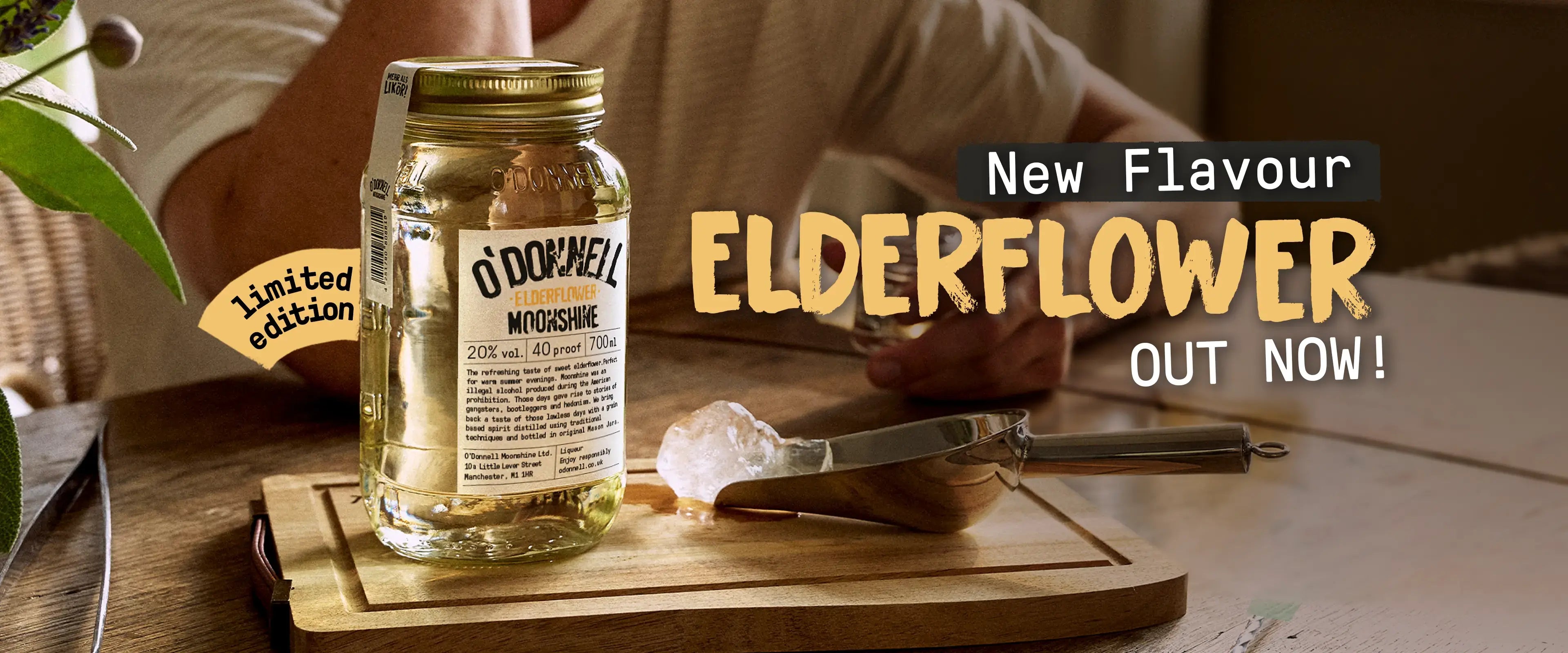 O'Donnell Moonshine Mobile LP banner for the new elderflower flavour, featuring a 700ml Mason jar and an ice scoop on a branded wooden board.