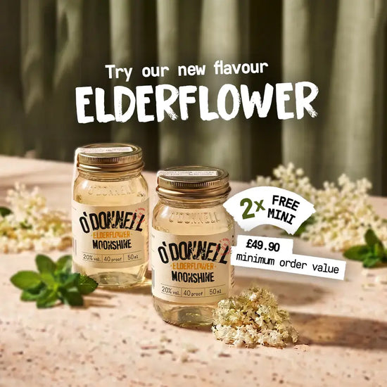 O'Donnell Moonshine Mobile banner for the new elderflower flavour, featuring two free minis. 