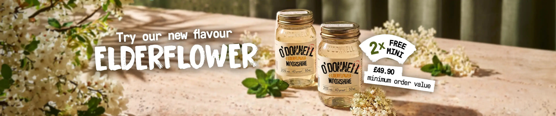 O'Donnell Moonshine Desktop LP banner for the new elderflower flavour, featuring two free minis. 