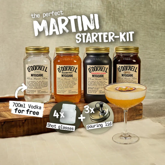 Square promotional graphic for O'Donnell Moonshine showing a passion fruit cocktail and four 700ml mason jars of Vodka, Passion Fruit, Strawberries & Cream, and Coffee. Text includes "the perfect MARTINI STARTER-KIT", a "700ml Vodka for free" offer, and badges for "4x Shot glasses" and "3x pouring lid".