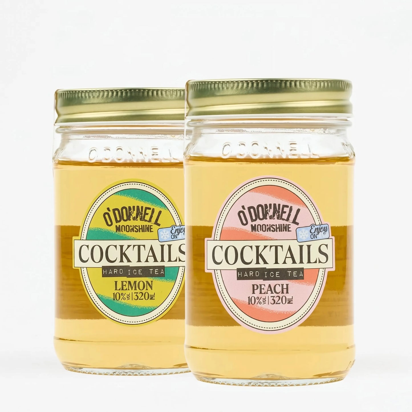 O'Donnell Moonshine RTD Cocktails Lemon and Peach jars on white background, clean product detail shot