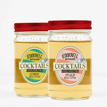 O'Donnell Moonshine RTD Cocktails Lemon and Peach jars on white background, clean product detail shot