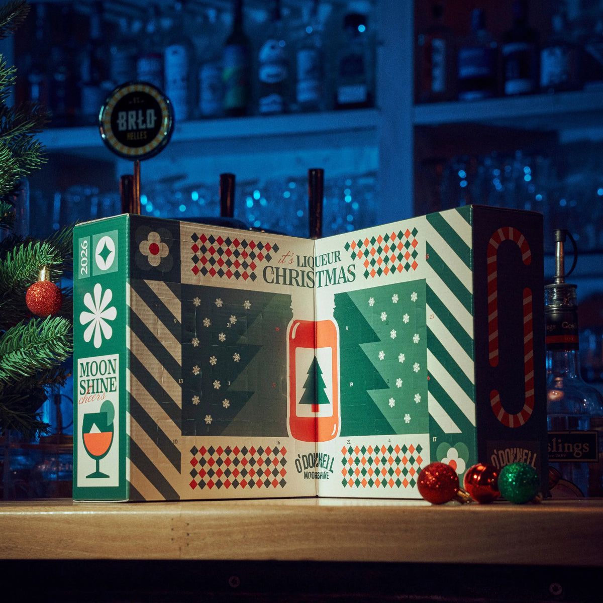 O'Donnell Moonshine shot advent calender, a bar in the background. 