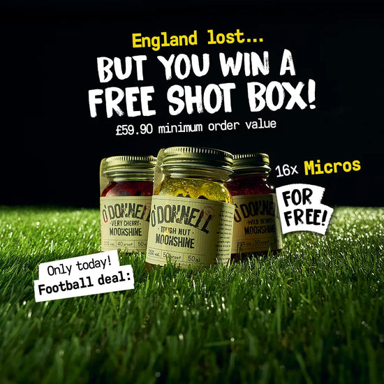 O'Donnell Moonshine banner for the World Cup semi-final, marking England’s defeat, with a free shot box promotion.