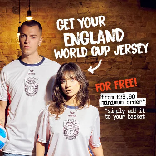 O'Donnell Moonshine x Erima WM Football Jersey homepage mobile banner – man and woman wearing white jerseys, text: Get Your England World Cup Jersey For Free from £39.90 minimum order