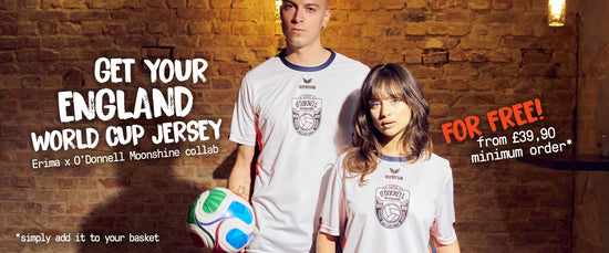 O'Donnell Moonshine x Erima WM Football Jersey promotion banner – man and woman wearing white jerseys, text: Get Your England World Cup Jersey For Free from £39.90 minimum order