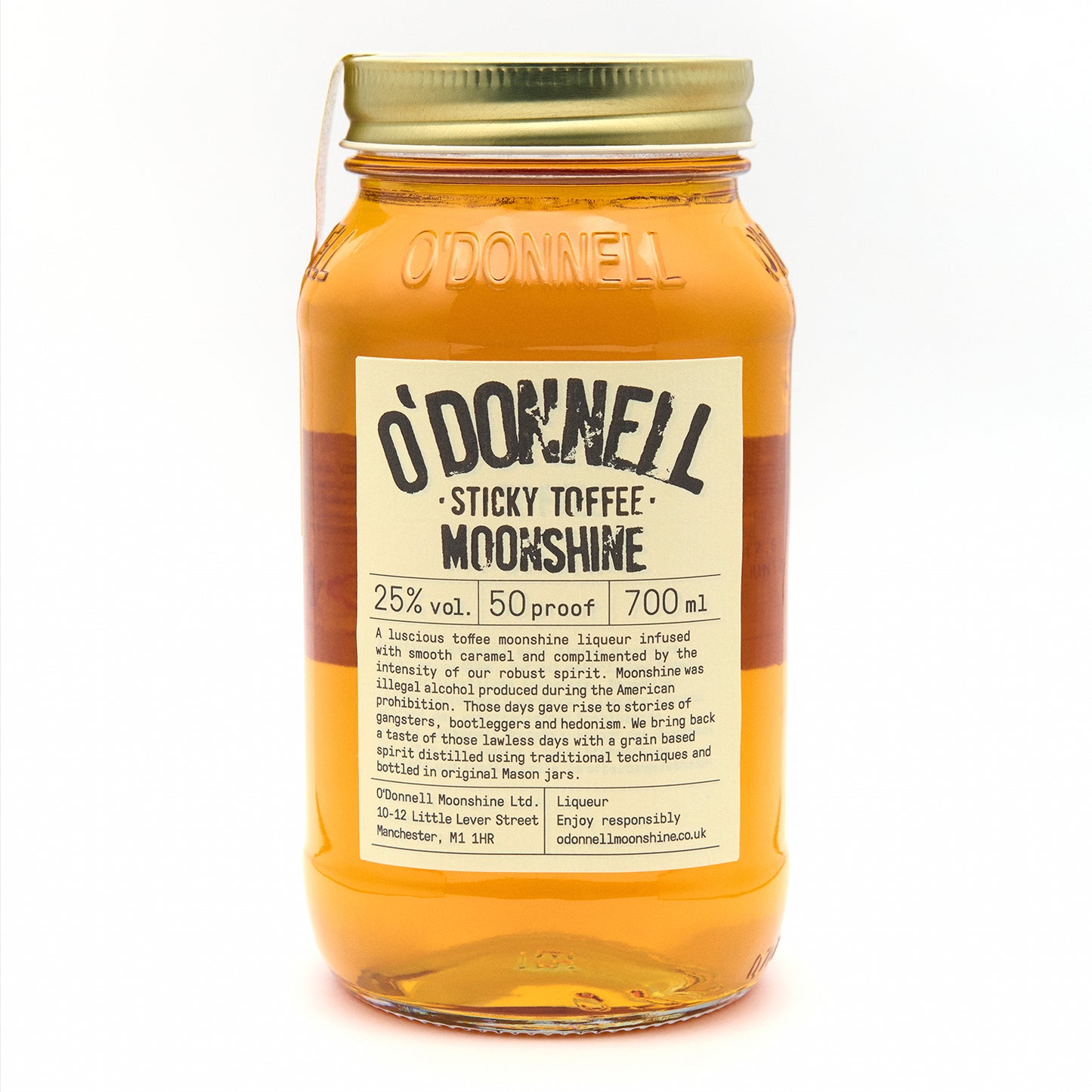 O'Donnell Sticky Toffee Moonshine 700ml Jar on a white background